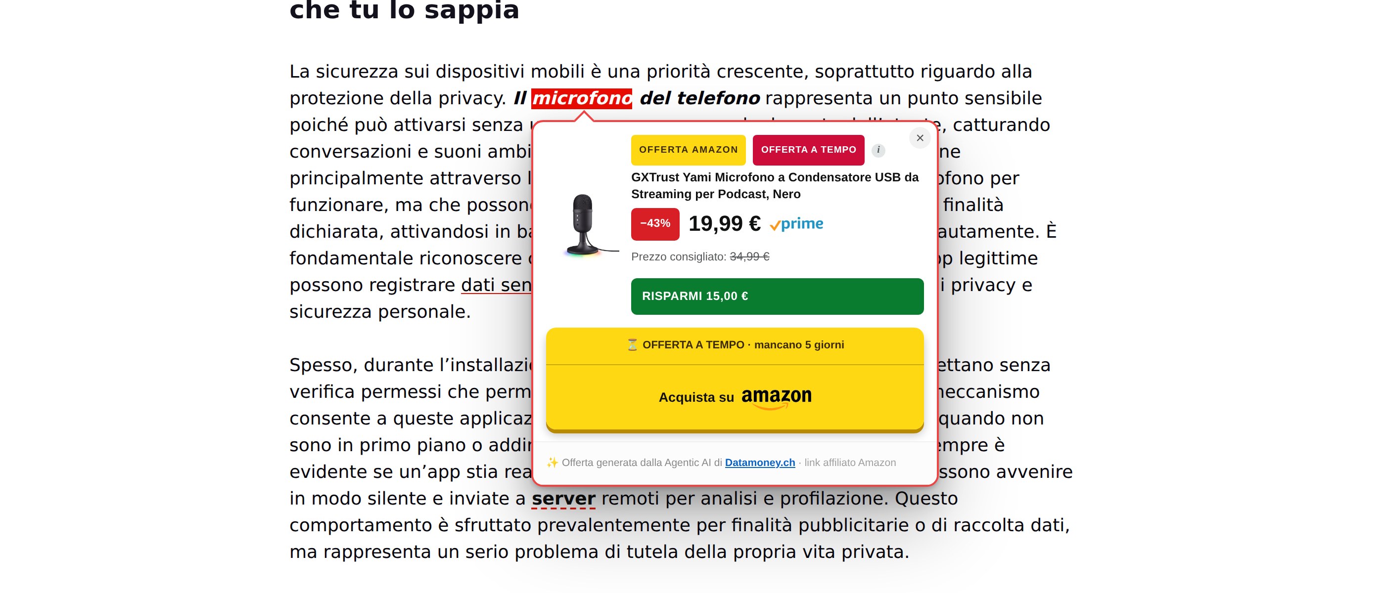 Schedina prodotto Amazon aperta su una parola cliccabile in un articolo di assodigitale.it