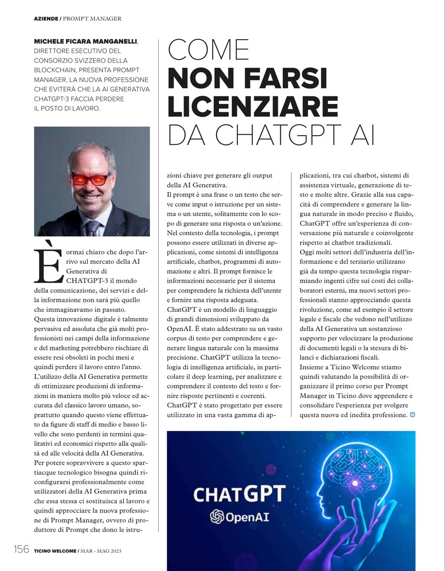 Ritaglio dell'articolo «Come non farsi licenziare da ChatGPT AI» di Michele Ficara Manganelli, Ticino Welcome marzo-maggio 2023