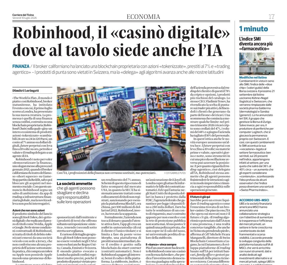 Ritaglio dell'articolo del Corriere del Ticino del 10 luglio 2026 con la citazione di Michele Ficara Manganelli